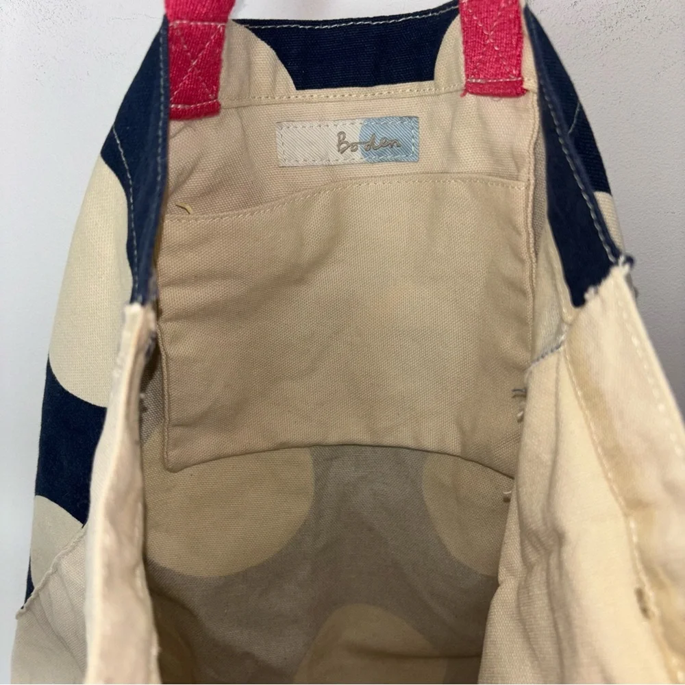 Boden Cotton Canvas Tote Shoulder Bag Blue and Cream Circles Red Handles